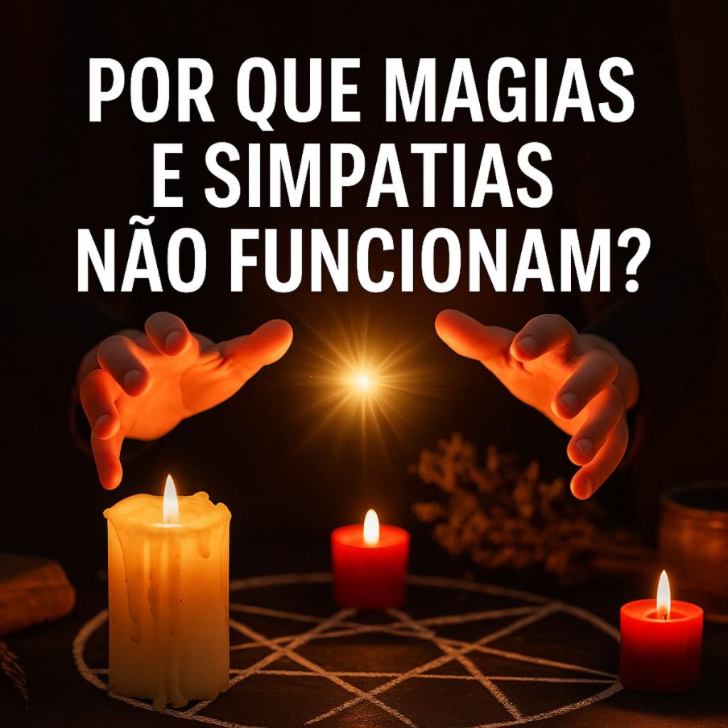 Mãos com uma luz brilhante entre elas, com velas acesas em um pentagrama, questionando por que magias e simpatias não funcionam.